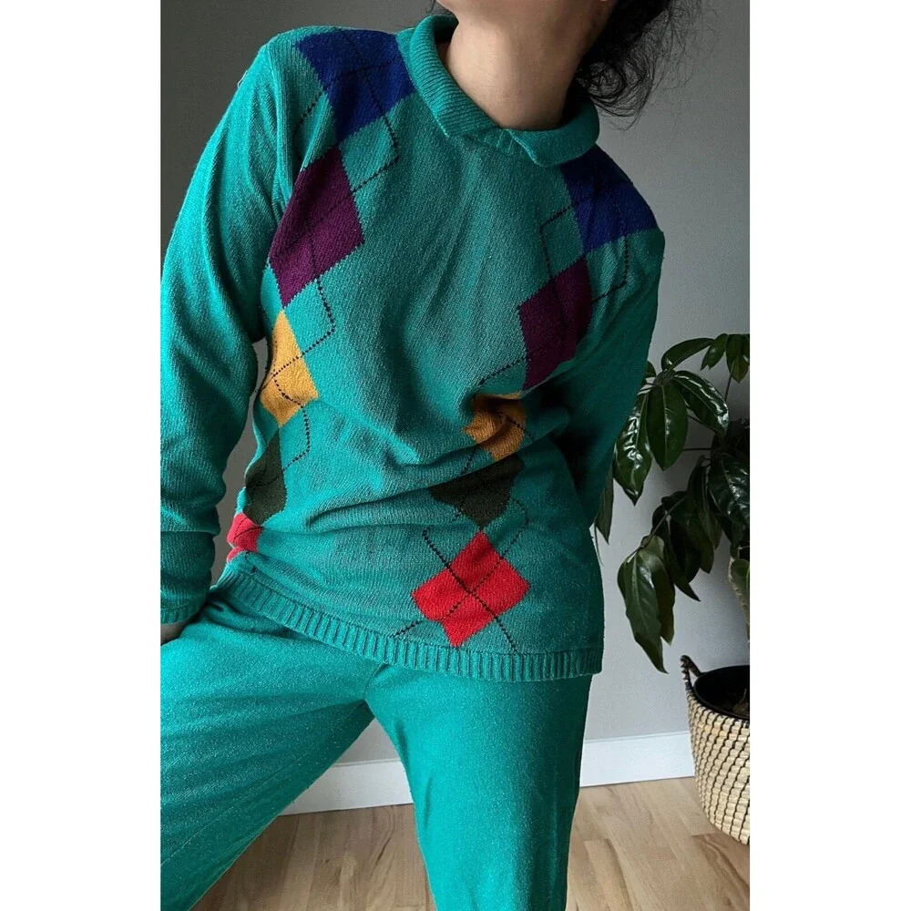 vtg 90s silk wool green knit sweater set‎ argyle print retro loungewear small